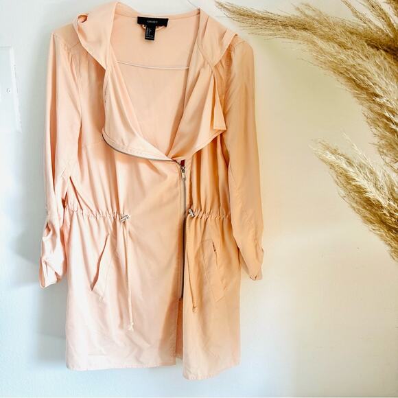 F21 FOREVER 21 Peach Pink Offset Zipper Light Hooded Anorak Trench Coat Jacket L - Picture 9 of 11
